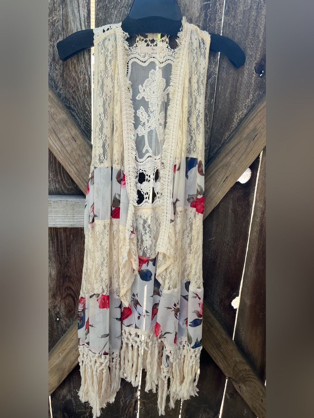 Boho Lace & Floral Maxi Dress - Cream with Red & Blue Floral